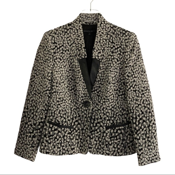 Lafayette 148 New York Black And White Wool Blend Blazer Leather Trim Size 6 - Picture 1 of 11